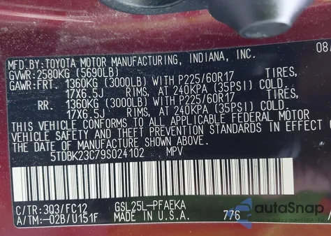 2009 Toyota Sienna Le z USA, uszkodzony, nr VIN 5TDBK23C79S024102